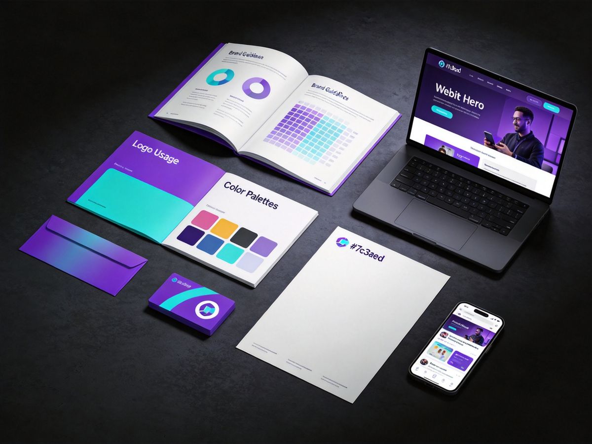 Brand Kit - Professional brand guidelines system with business card, letterhead, social post and website mockups